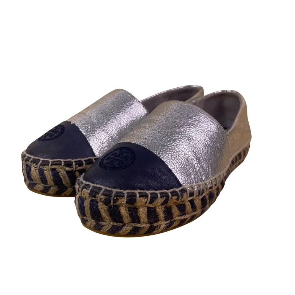 Tory Burch Silver Metallic and Navy Espadrille Flats